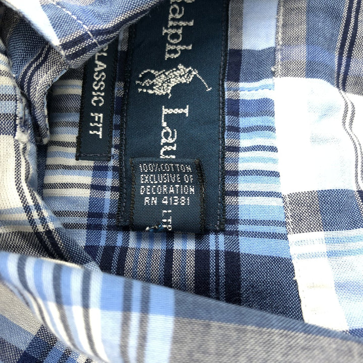 Ralph Lauren Classic Fit short sleeve button down check shirt, men's size L cotton Blue type light blue Vintage Second Hand