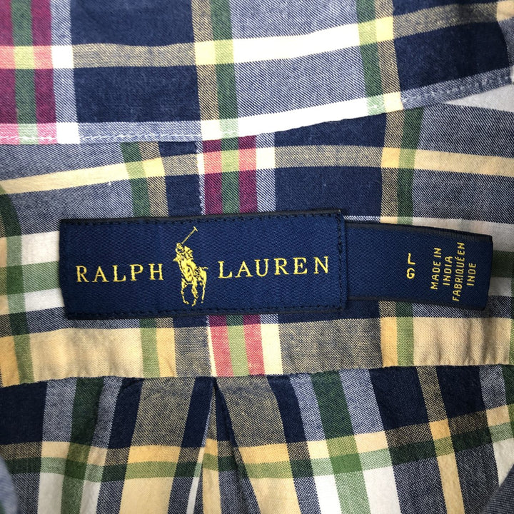 Ralph Lauren Madras check short-sleeved button-down shirt, men's size L (approx.) cotton yellow type Vintage Second Hand