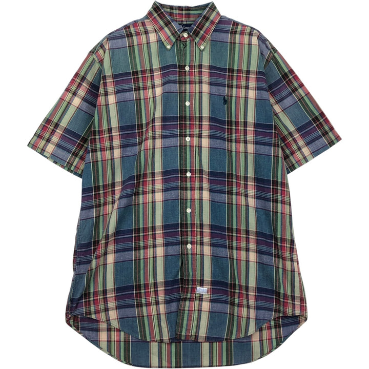 Ralph Lauren Madras check short-sleeved button-down check shirt, men's size M (approx.) cotton blue type Vintage Second Hand