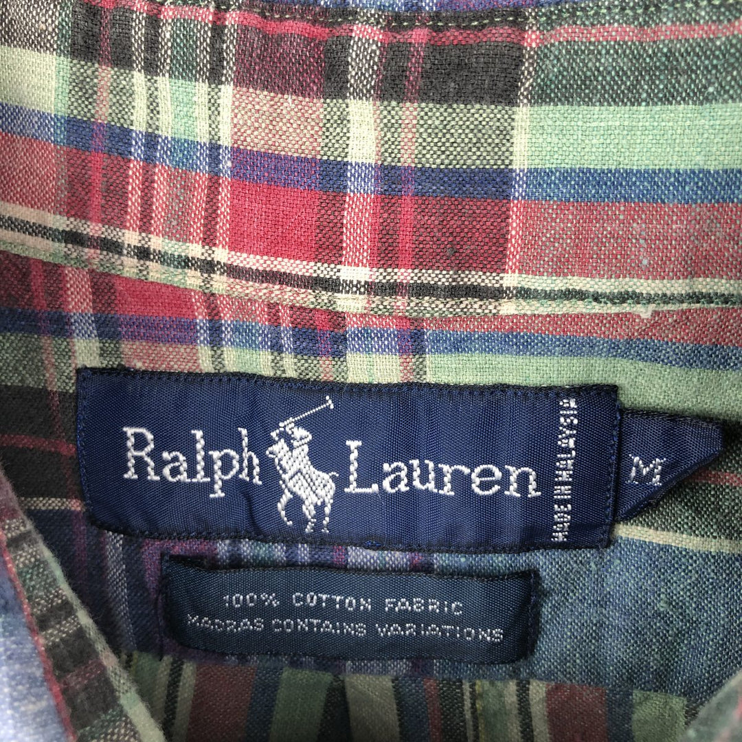 Ralph Lauren Madras check short-sleeved button-down check shirt, men's size M (approx.) cotton blue type Vintage Second Hand