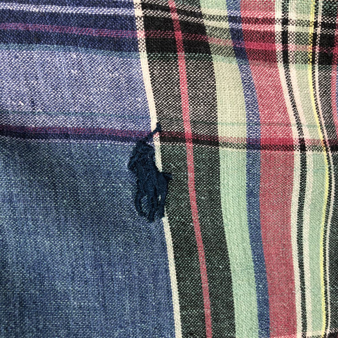 Ralph Lauren Madras check short-sleeved button-down check shirt, men's size M (approx.) cotton blue type Vintage Second Hand