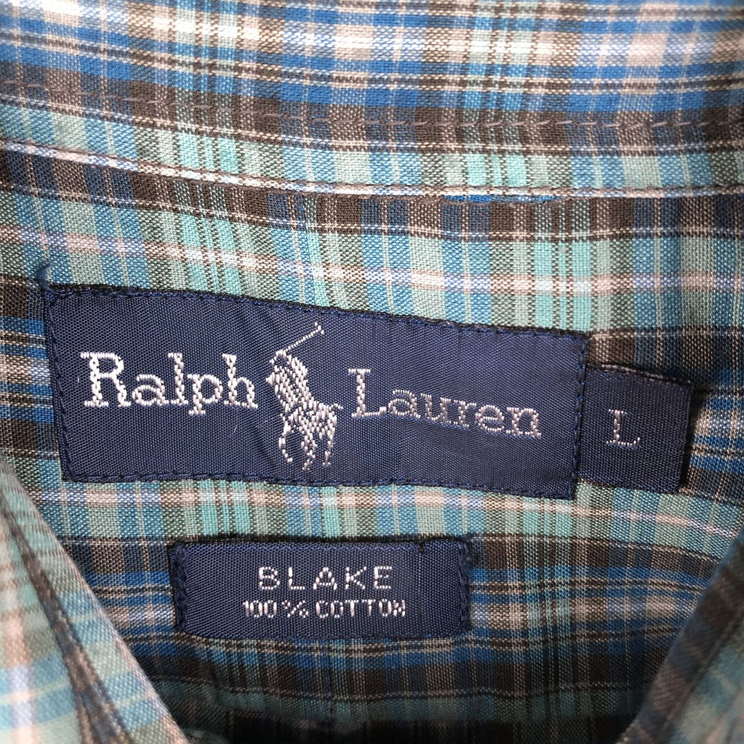 Ralph Lauren BLAKE short sleeve button down check shirt, men's size L cotton green type Vintage Second Hand