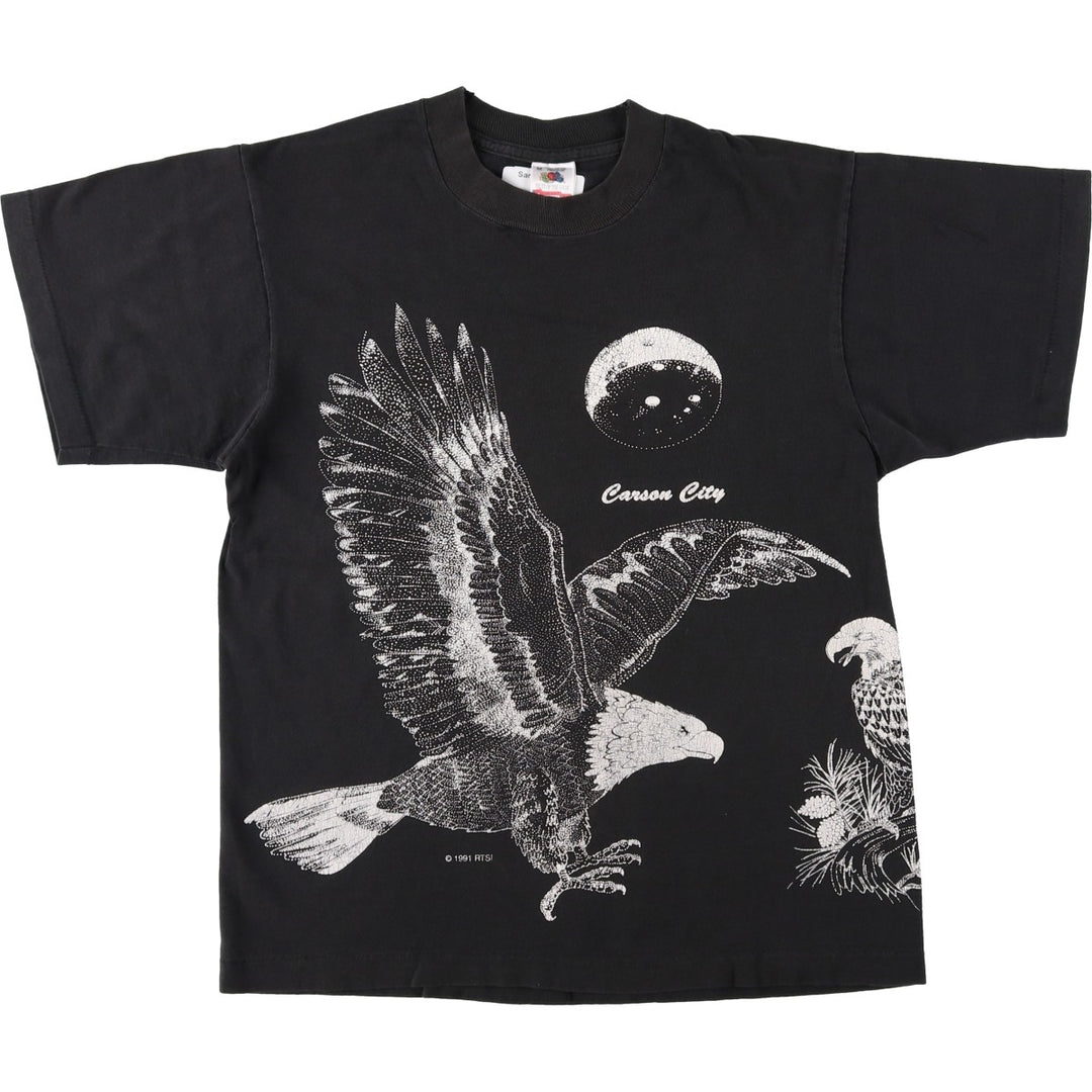 90'S Fruit of the Loom Animal Pattern Eagle T-Shirt, Made in USA, Men's Size M (approx.), Vintage cotton black type Vintage Second Hand