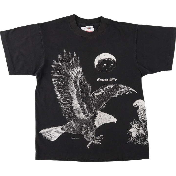 90'S Fruit of the Loom Animal Pattern Eagle T-Shirt, Made in USA, Men's Size M (approx.), Vintage cotton black type Vintage Second Hand