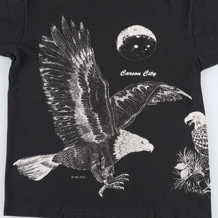 90'S Fruit of the Loom Animal Pattern Eagle T-Shirt, Made in USA, Men's Size M (approx.), Vintage cotton black type Vintage Second Hand