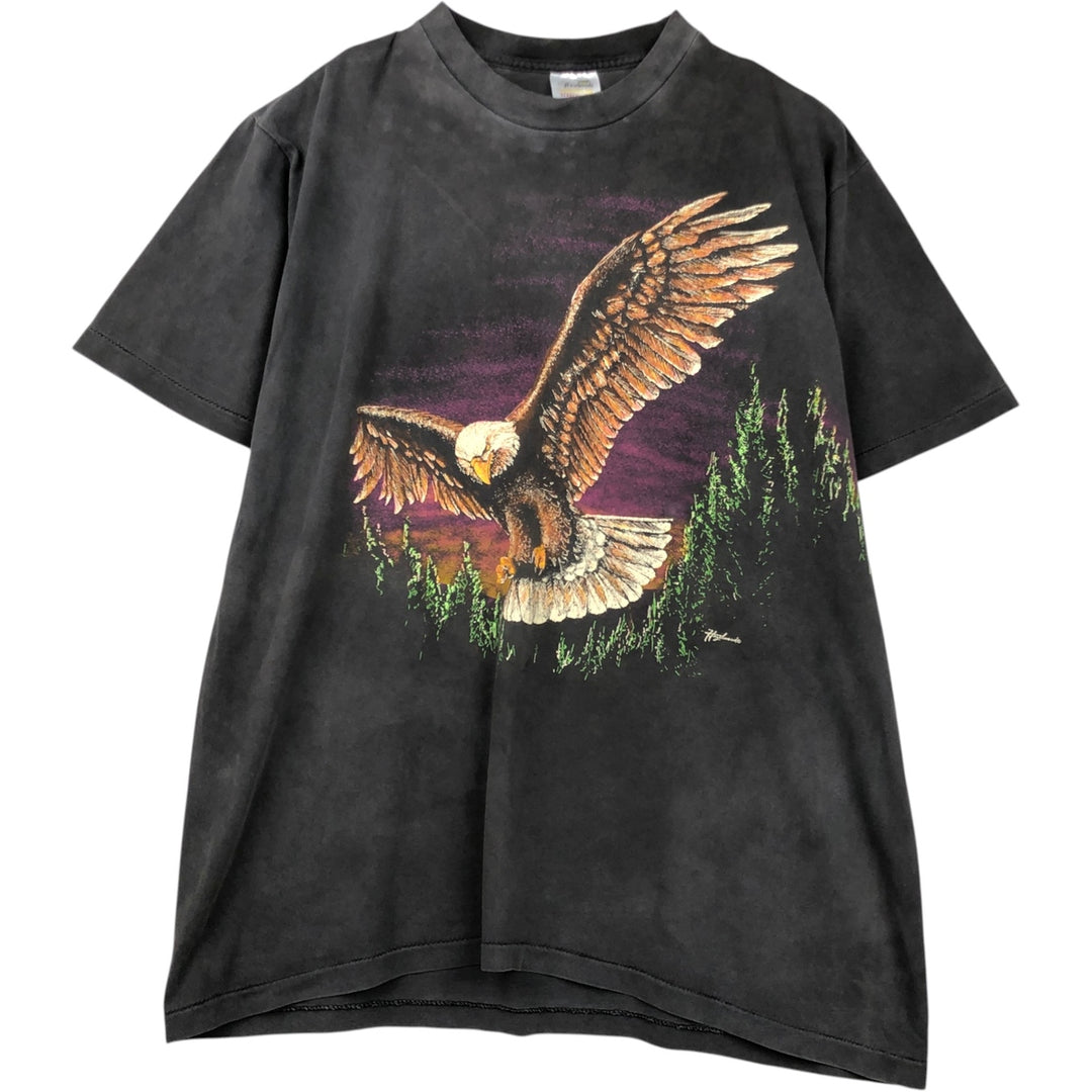 90'S Hazelwoods Animal Pattern Eagle T-Shirt, Made in USA, Men's XL equivalent, Vintage cotton Charcoal Vintage Second Hand