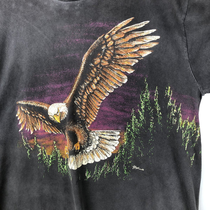 90'S Hazelwoods Animal Pattern Eagle T-Shirt, Made in USA, Men's XL equivalent, Vintage cotton Charcoal Vintage Second Hand