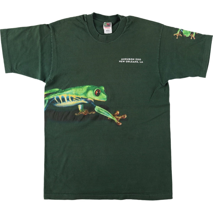 90'S Fruit of the Loom Heavy Cotton Frog Pattern Animal T-Shirt, Made in USA, Men's Size L (approx.), Vintage cotton green type Vintage Second Hand