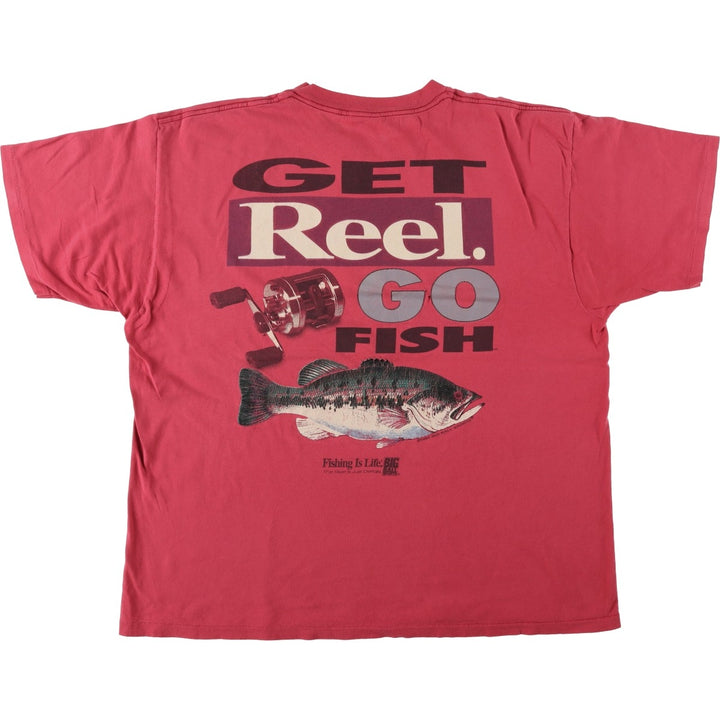 90'S Big Ball Sports Heavyweight Large Print Fish Pattern Animal T-Shirt, Made in USA, Men's XL Equivalent, Vintage cotton red type Vintage Second Hand