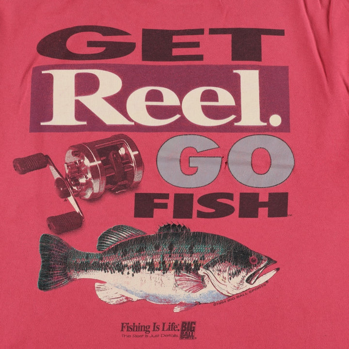 90'S Big Ball Sports Heavyweight Large Print Fish Pattern Animal T-Shirt, Made in USA, Men's XL Equivalent, Vintage cotton red type Vintage Second Hand