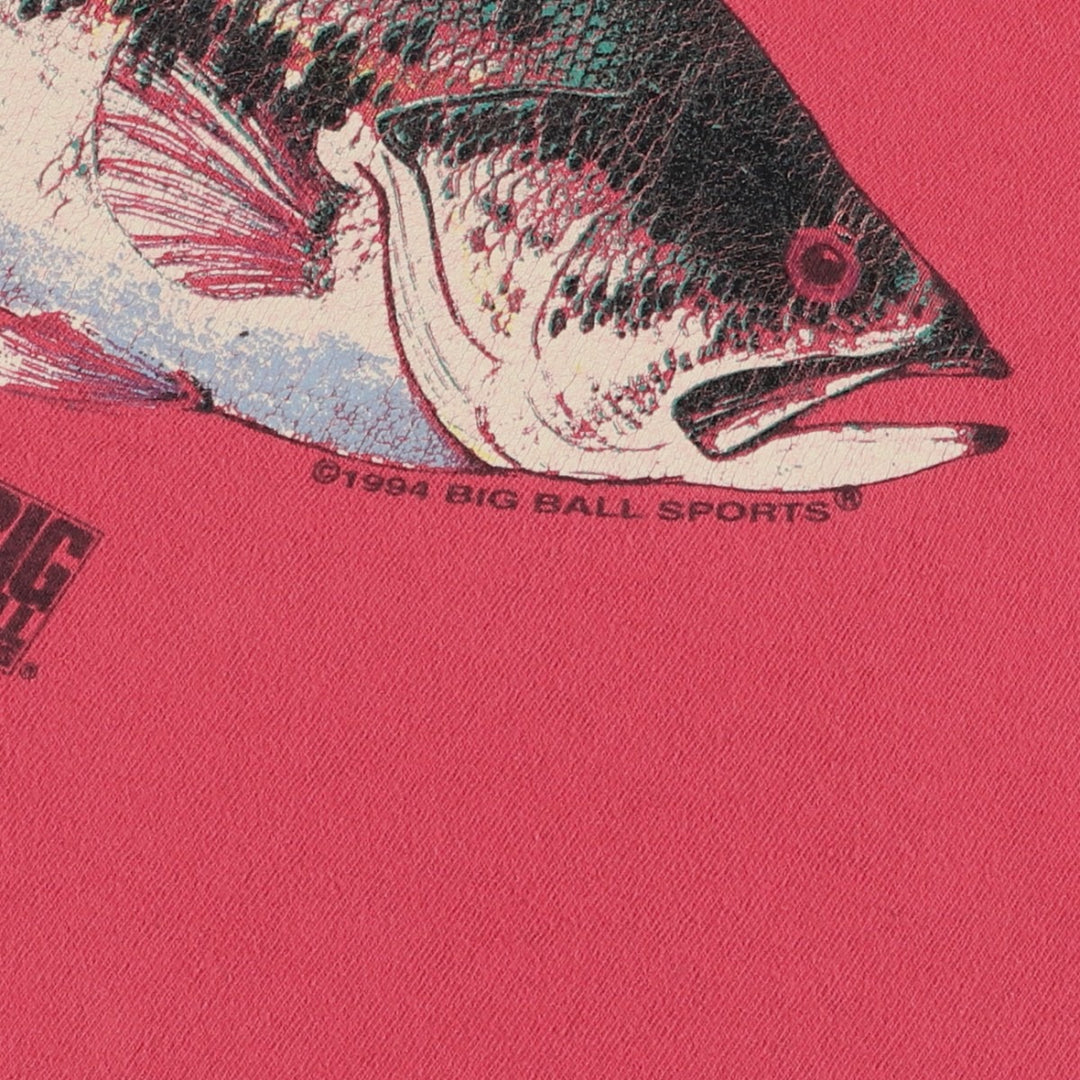 90'S Big Ball Sports Heavyweight Large Print Fish Pattern Animal T-Shirt, Made in USA, Men's XL Equivalent, Vintage cotton red type Vintage Second Hand