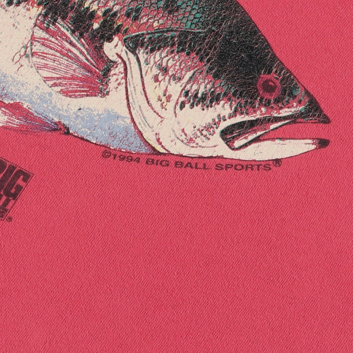 90'S Big Ball Sports Heavyweight Large Print Fish Pattern Animal T-Shirt, Made in USA, Men's XL Equivalent, Vintage cotton red type Vintage Second Hand
