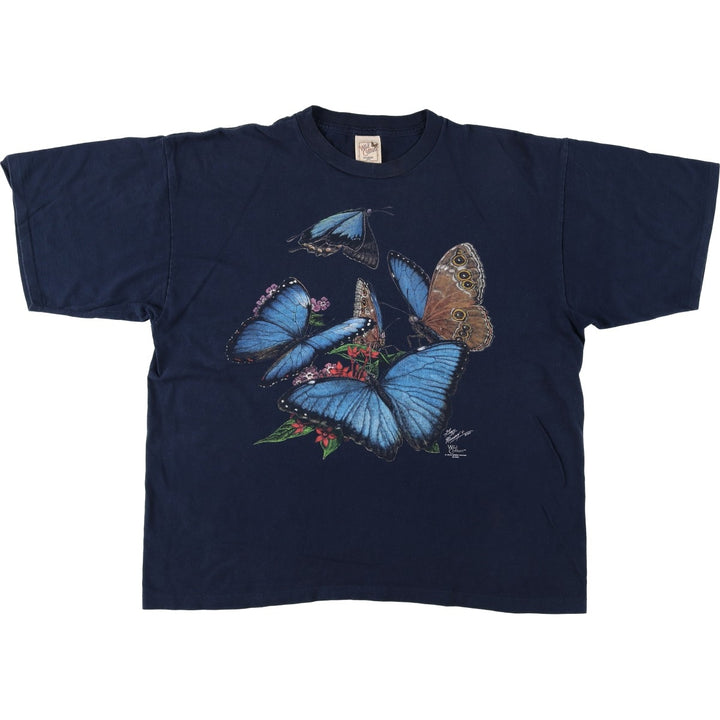2000'S Wild Cotton Butterfly Print Animal T-Shirt, Made in USA, Men's XXL equivalent. cotton navy blue type Vintage Second Hand
