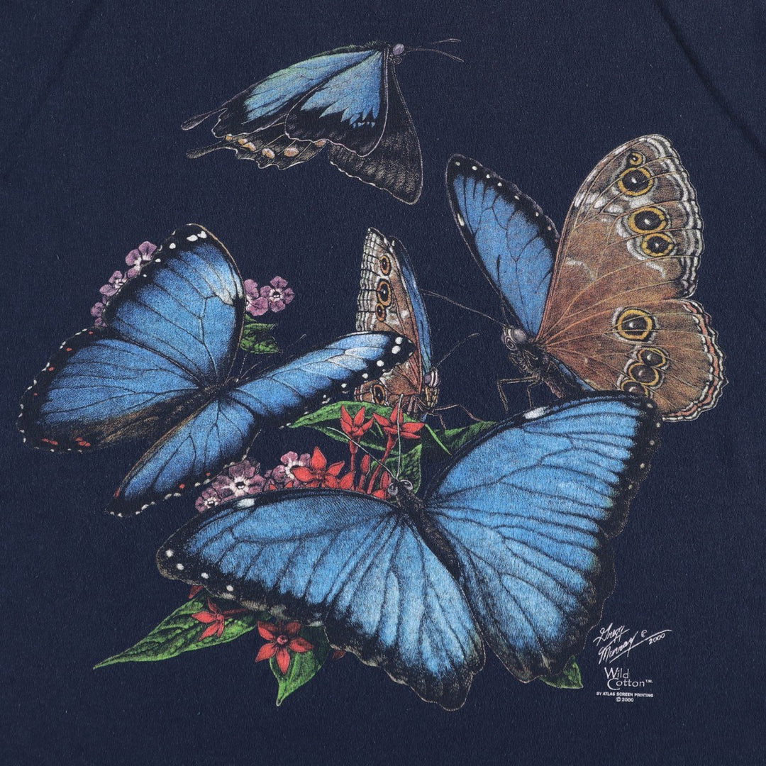 2000'S Wild Cotton Butterfly Print Animal T-Shirt, Made in USA, Men's XXL equivalent. cotton navy blue type Vintage Second Hand