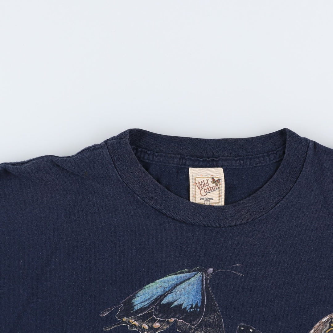 2000'S Wild Cotton Butterfly Print Animal T-Shirt, Made in USA, Men's XXL equivalent. cotton navy blue type Vintage Second Hand