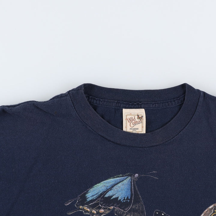 2000'S Wild Cotton Butterfly Print Animal T-Shirt, Made in USA, Men's XXL equivalent. cotton navy blue type Vintage Second Hand