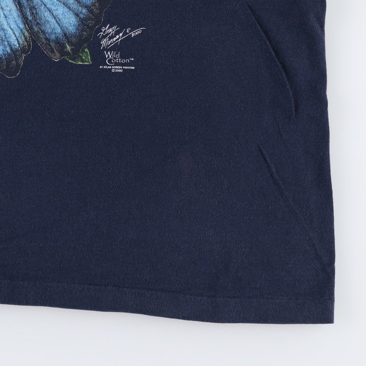 2000'S Wild Cotton Butterfly Print Animal T-Shirt, Made in USA, Men's XXL equivalent. cotton navy blue type Vintage Second Hand
