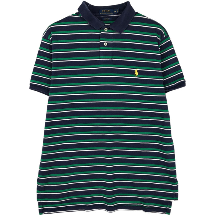 Ralph Lauren POLO RALPH LAUREN CUSTOM FIT Multi-Border Short Sleeve Polo Shirt, Men's Size M cotton navy blue type Vintage Second Hand