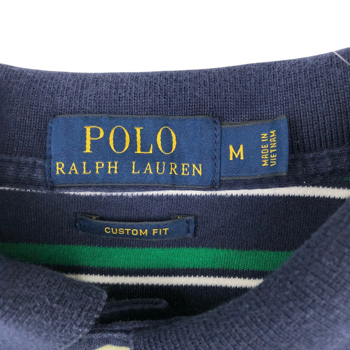 Ralph Lauren POLO RALPH LAUREN CUSTOM FIT Multi-Border Short Sleeve Polo Shirt, Men's Size M cotton navy blue type Vintage Second Hand