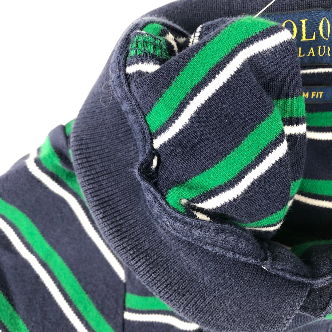 Ralph Lauren POLO RALPH LAUREN CUSTOM FIT Multi-Border Short Sleeve Polo Shirt, Men's Size M cotton navy blue type Vintage Second Hand