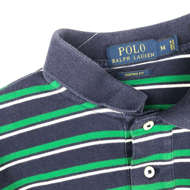 Ralph Lauren POLO RALPH LAUREN CUSTOM FIT Multi-Border Short Sleeve Polo Shirt, Men's Size M cotton navy blue type Vintage Second Hand