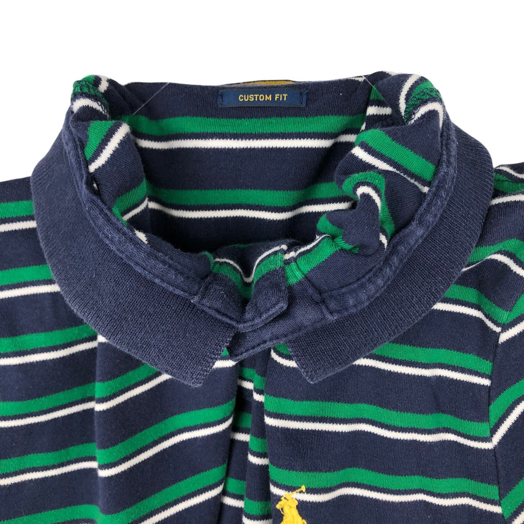 Ralph Lauren POLO RALPH LAUREN CUSTOM FIT Multi-Border Short Sleeve Polo Shirt, Men's Size M cotton navy blue type Vintage Second Hand