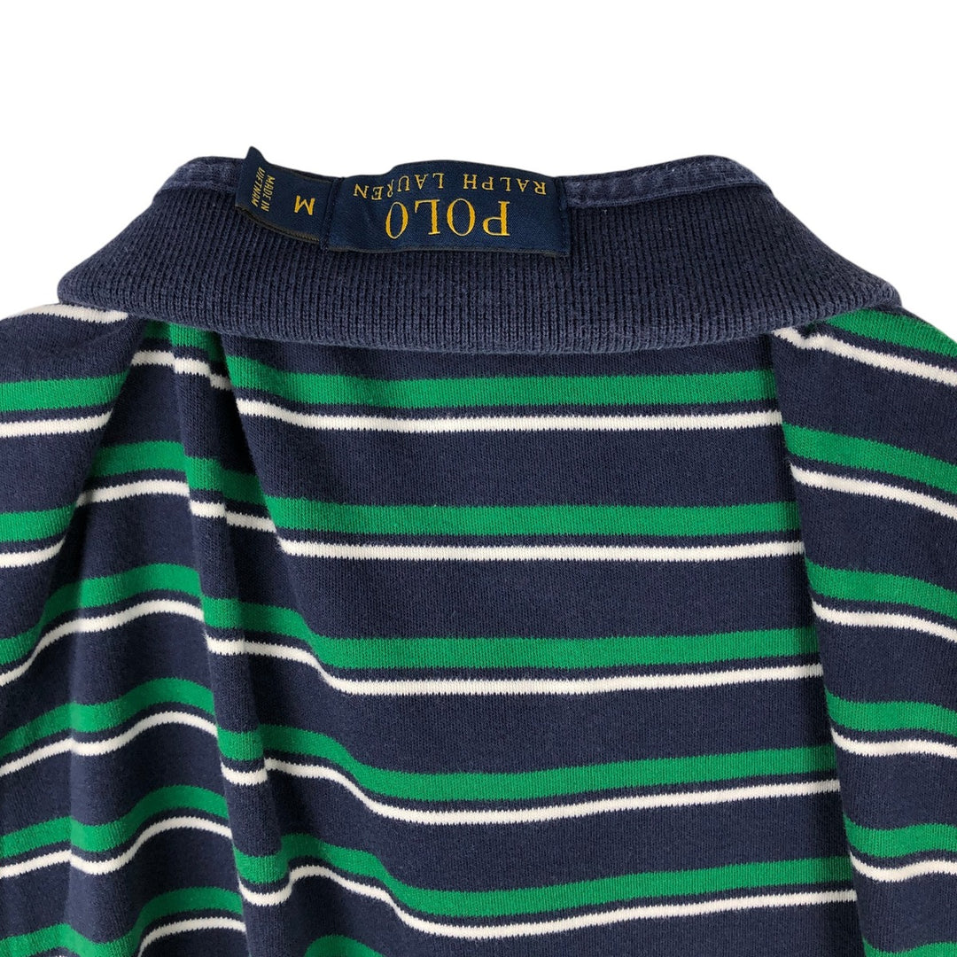 Ralph Lauren POLO RALPH LAUREN CUSTOM FIT Multi-Border Short Sleeve Polo Shirt, Men's Size M cotton navy blue type Vintage Second Hand