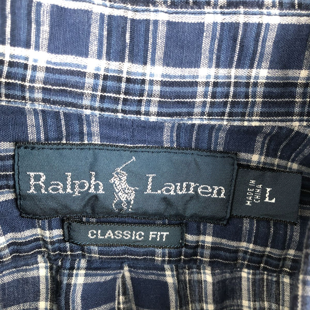 Ralph Lauren CLASSIC FIT Check Pattern Long-Sleeve Linen Button-Down Shirt, Men's Size L (approx.) linen navy blue type Vintage Second Hand