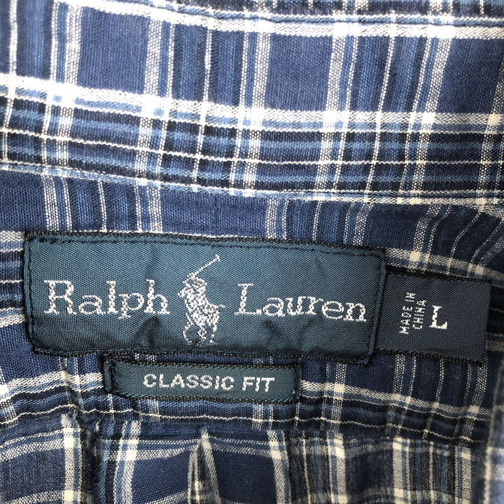 Ralph Lauren CLASSIC FIT Check Pattern Long-Sleeve Linen Button-Down Shirt, Men's Size L (approx.) linen navy blue type Vintage Second Hand
