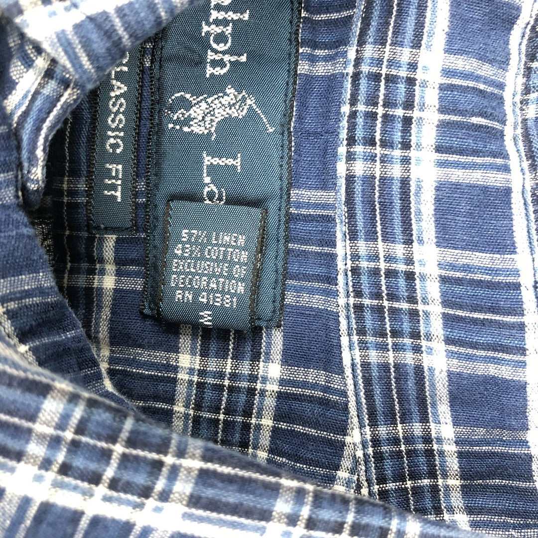 Ralph Lauren CLASSIC FIT Check Pattern Long-Sleeve Linen Button-Down Shirt, Men's Size L (approx.) linen navy blue type Vintage Second Hand