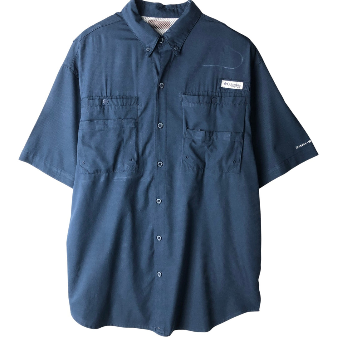 Columbia PFG OMNI-SHADE Ripstop Button-Down Short-Sleeve Fishing Shirt (Men's Size L) polyester navy blue type Vintage Second Hand