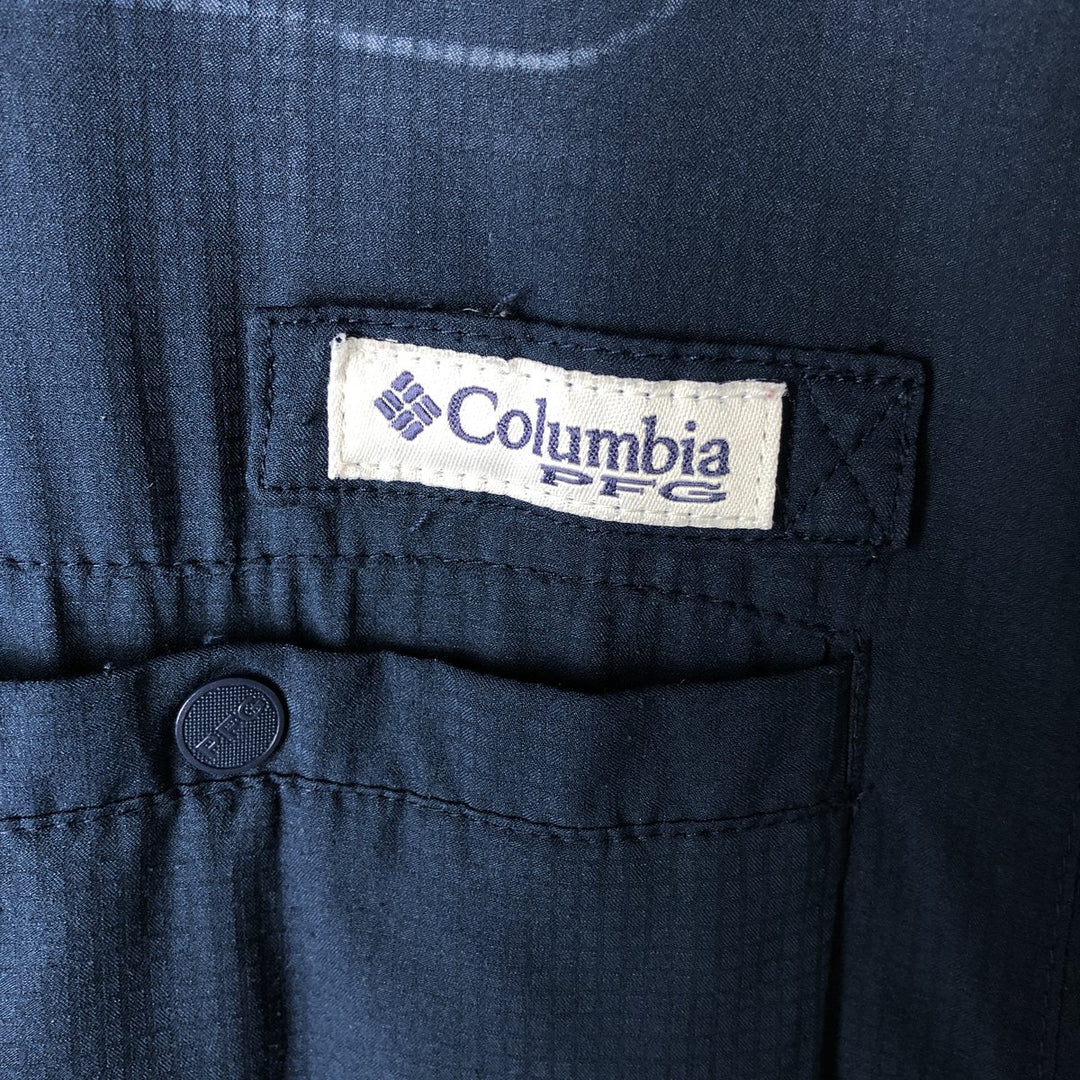 Columbia PFG OMNI-SHADE Ripstop Button-Down Short-Sleeve Fishing Shirt (Men's Size L) polyester navy blue type Vintage Second Hand