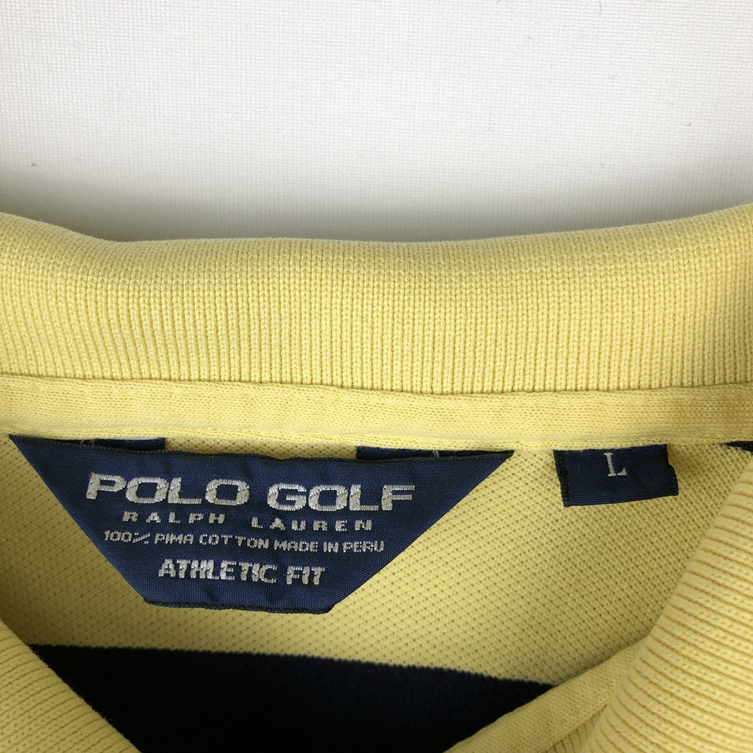 Vintage 1990'S Ralph Lauren POLO GOLF short-sleeved striped polo shirt, men's size L (approx.). Pima Cotton yellow type Vintage Second Hand