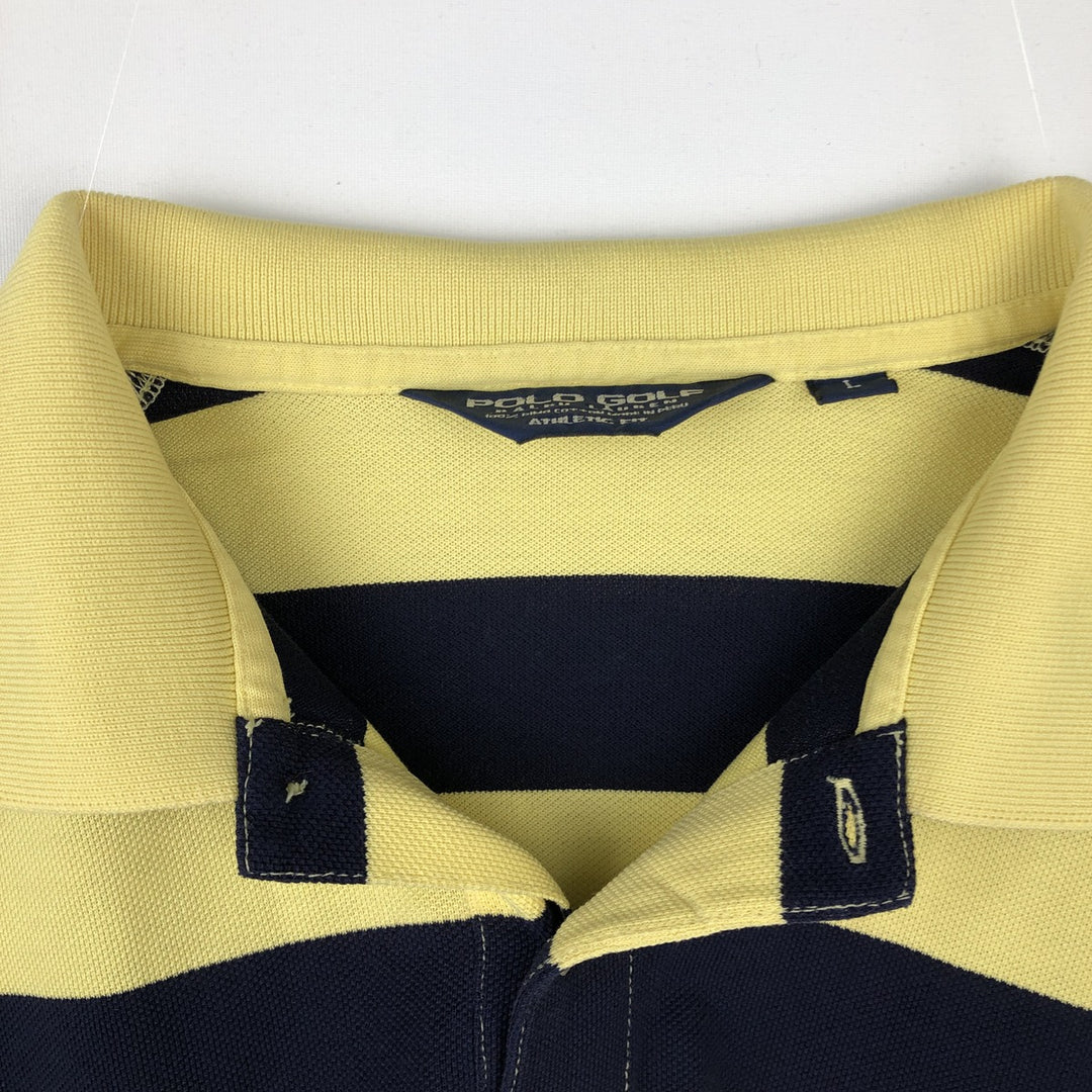 Vintage 1990'S Ralph Lauren POLO GOLF short-sleeved striped polo shirt, men's size L (approx.). Pima Cotton yellow type Vintage Second Hand