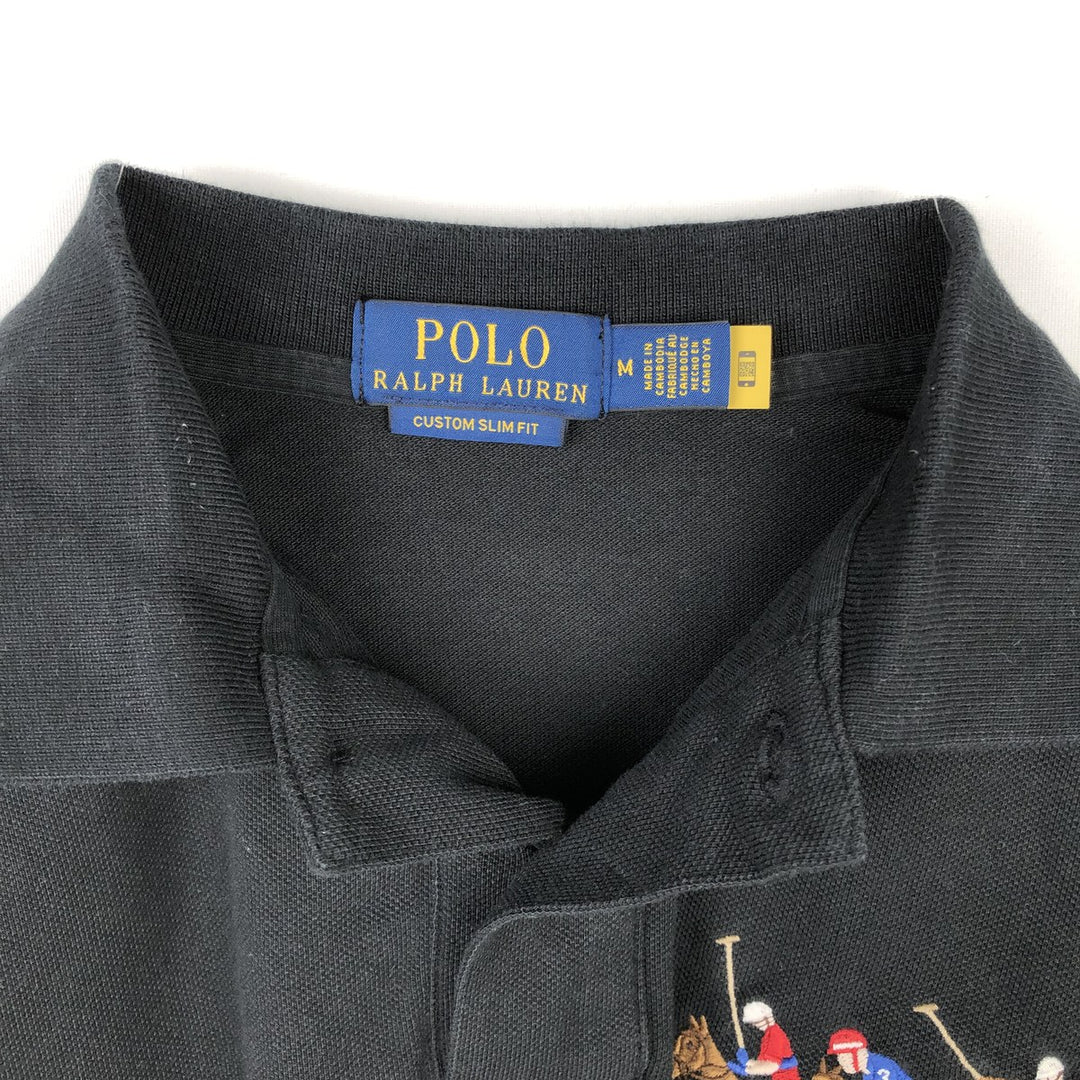 Ralph Lauren POLO RALPH LAUREN CUSTOM SLIM FIT Triple Pony Short-Sleeve Polo Shirt (Men's Size M) cotton black type Vintage Second Hand