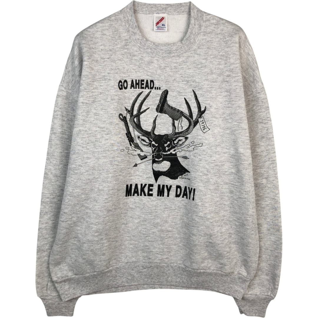 80s-90'S Jerzees deer print animal sweatshirt, made in USA, men's size XL equivalent, vintage. cotton white type Vintage Second Hand
