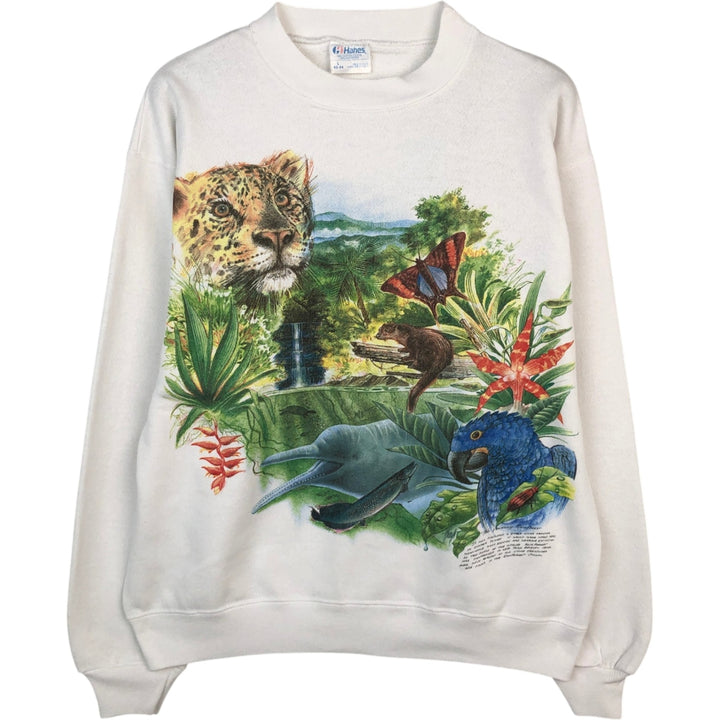 80'S Hanes Leopard Pattern Animal Sweatshirt, Made in USA, Men's Size L (approx.), Vintage cotton white type Vintage Second Hand