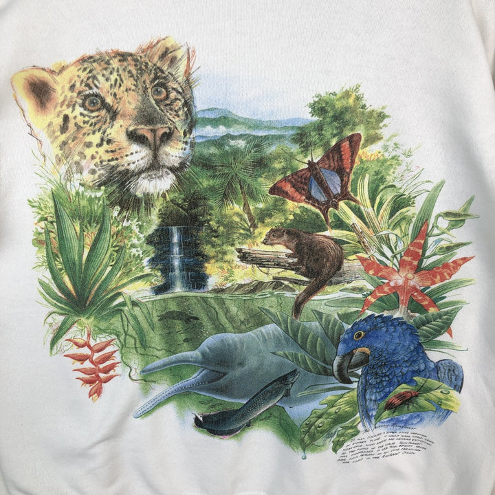 80'S Hanes Leopard Pattern Animal Sweatshirt, Made in USA, Men's Size L (approx.), Vintage cotton white type Vintage Second Hand