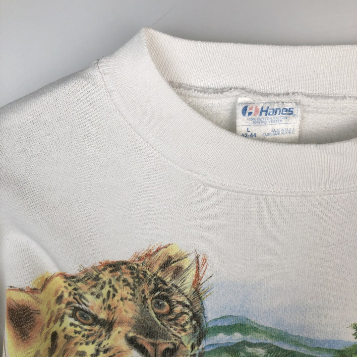 80'S Hanes Leopard Pattern Animal Sweatshirt, Made in USA, Men's Size L (approx.), Vintage cotton white type Vintage Second Hand