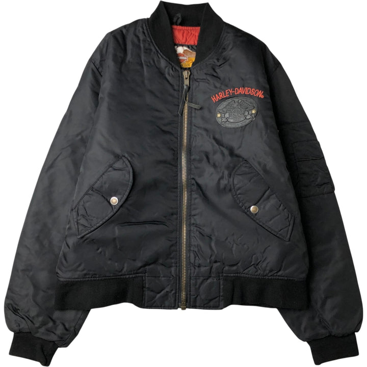 Harley-Davidson MA-1 type padded military flight jacket with back logo, made in USA, men's size M equivalent. Nylon black type Vintage Second Hand
