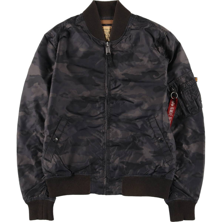 Civilian-made Alpha Industries MA-1 type camouflage pattern military flight jacket, men's size L equivalent. Nylon black type Vintage Second Hand