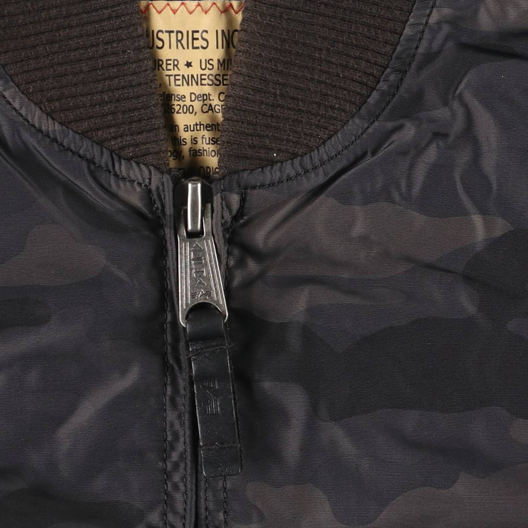 Civilian-made Alpha Industries MA-1 type camouflage pattern military flight jacket, men's size L equivalent. Nylon black type Vintage Second Hand