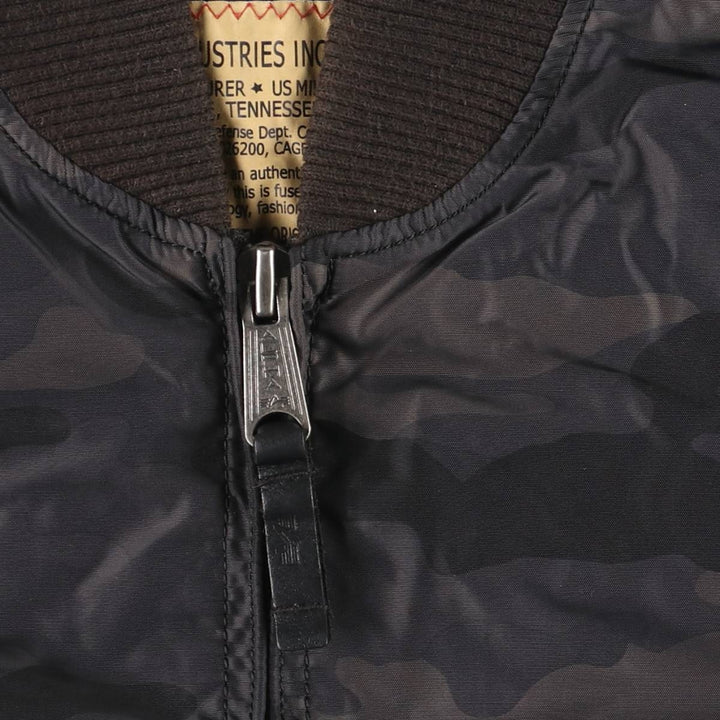 Civilian-made Alpha Industries MA-1 type camouflage pattern military flight jacket, men's size L equivalent. Nylon black type Vintage Second Hand