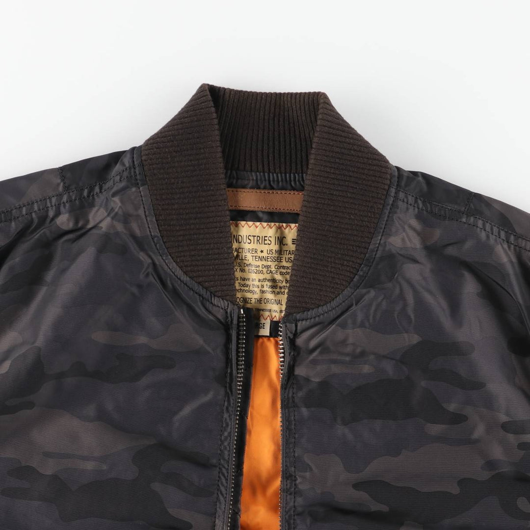Civilian-made Alpha Industries MA-1 type camouflage pattern military flight jacket, men's size L equivalent. Nylon black type Vintage Second Hand
