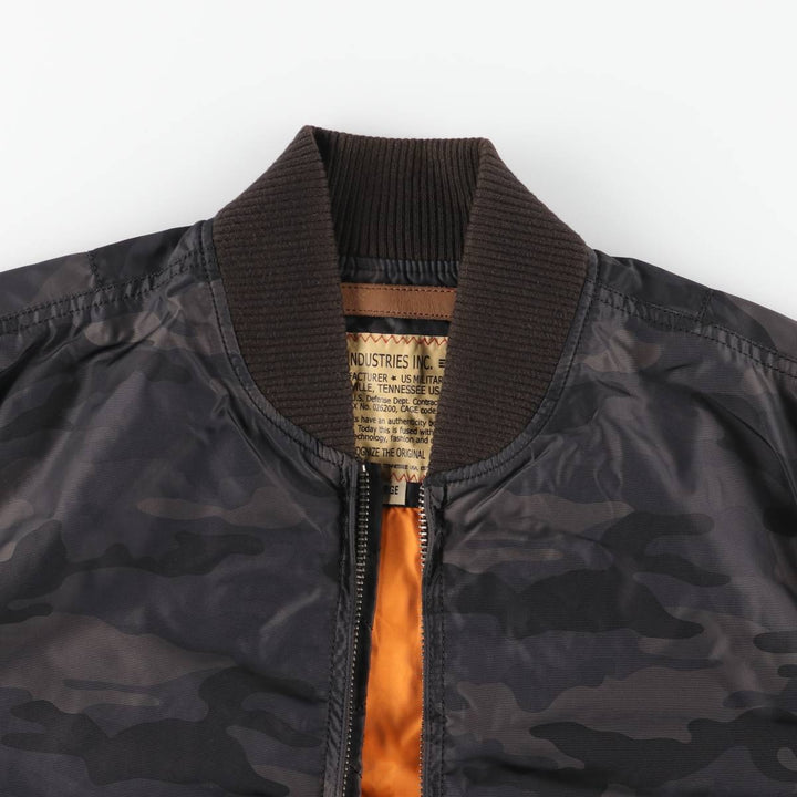 Civilian-made Alpha Industries MA-1 type camouflage pattern military flight jacket, men's size L equivalent. Nylon black type Vintage Second Hand