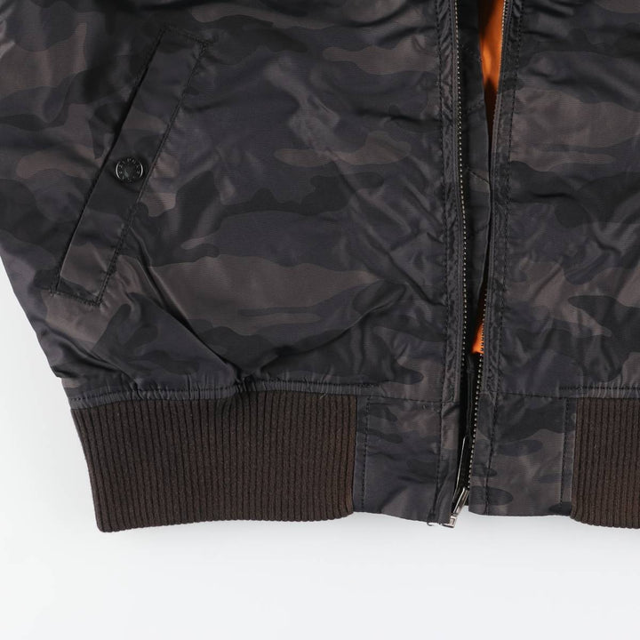 Civilian-made Alpha Industries MA-1 type camouflage pattern military flight jacket, men's size L equivalent. Nylon black type Vintage Second Hand
