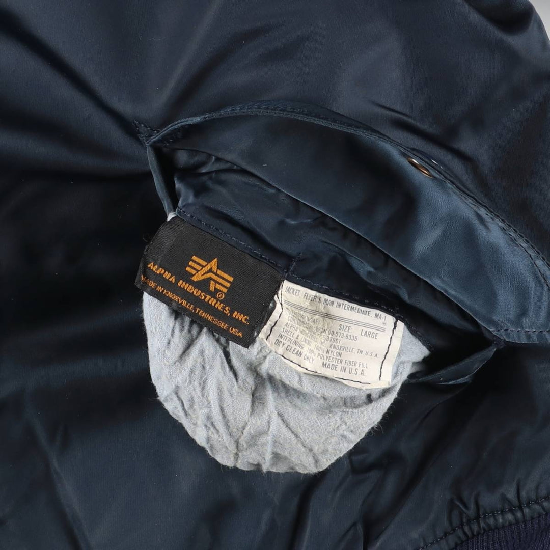 90'S civilian Alpha MA-1 style padded military flight jacket, made in the USA, men's size L, vintage Nylon navy blue type Vintage Second Hand