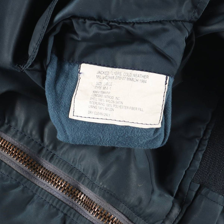 1980'S Civilian MA-1 Type Padded Military Flight Jacket, Large (Men's Size L equivalent) Nylon navy blue type Vintage Second Hand