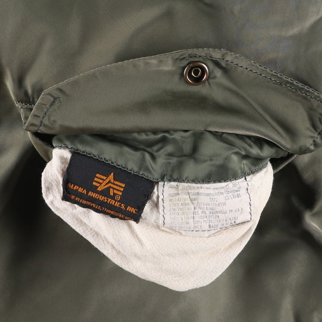 Civilian-made Alpha Industries MA-1 type padded military flight jacket, made in the USA, XX-LARGE (equivalent to men's XXL). Nylon Khaki type sage green Vintage Second Hand