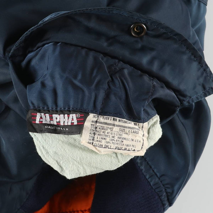 80s-90'S Civilian Alpha MA-1 Style Padded Military Flight Jacket, Made in USA, Men's Size XL Nylon navy blue type Vintage Second Hand